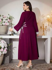Modelyn Elegant Floral Lace Trim Long Sleeve A-Line Waist Tie Dress, Suitable For Spring, Autumn Daily And Party Occasions, Plus Size - Red Violet - View 2