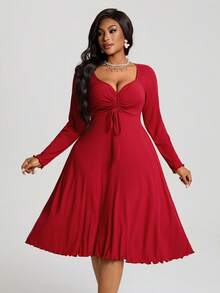 BrightlyHer Women's Solid Color Long Sleeve Fitted Plus Size Dress/Valentine's Day,Spring - Red - View 5
