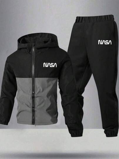 SHEIN Set de 2 piezas de chaqueta con capucha y pantalones deportivos informales con gráficos y colores contrastantes para niño preadolescente, adecuado para ir y venir, la escuela, uso casual, viajes, deportes, otoño/invierno