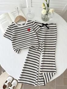 LMoss Kids Set 2 buc tricou și pantaloni casual tricotați cu guler rotund, cu grafică în formă de inimă, pentru fete tinere