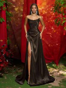 Glamrae Elegantes minimalistisches apokalyptisches vintage Satin plissiertes Meerjungfrau-Saum Abendkleid, geeignet für Festivals, Hochzeiten, Galas, Bankette, Geschäftsveranstaltungen und Konzerte - Kaffeebraun - Übersicht 5