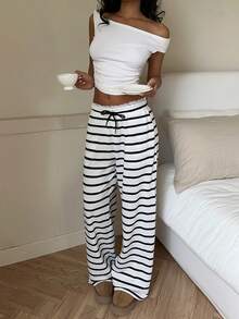 SHEIN EZwear 女士条纹蕾丝边抽绳腰带口袋休闲百搭阔腿裤 - 黑色 - 查看 7