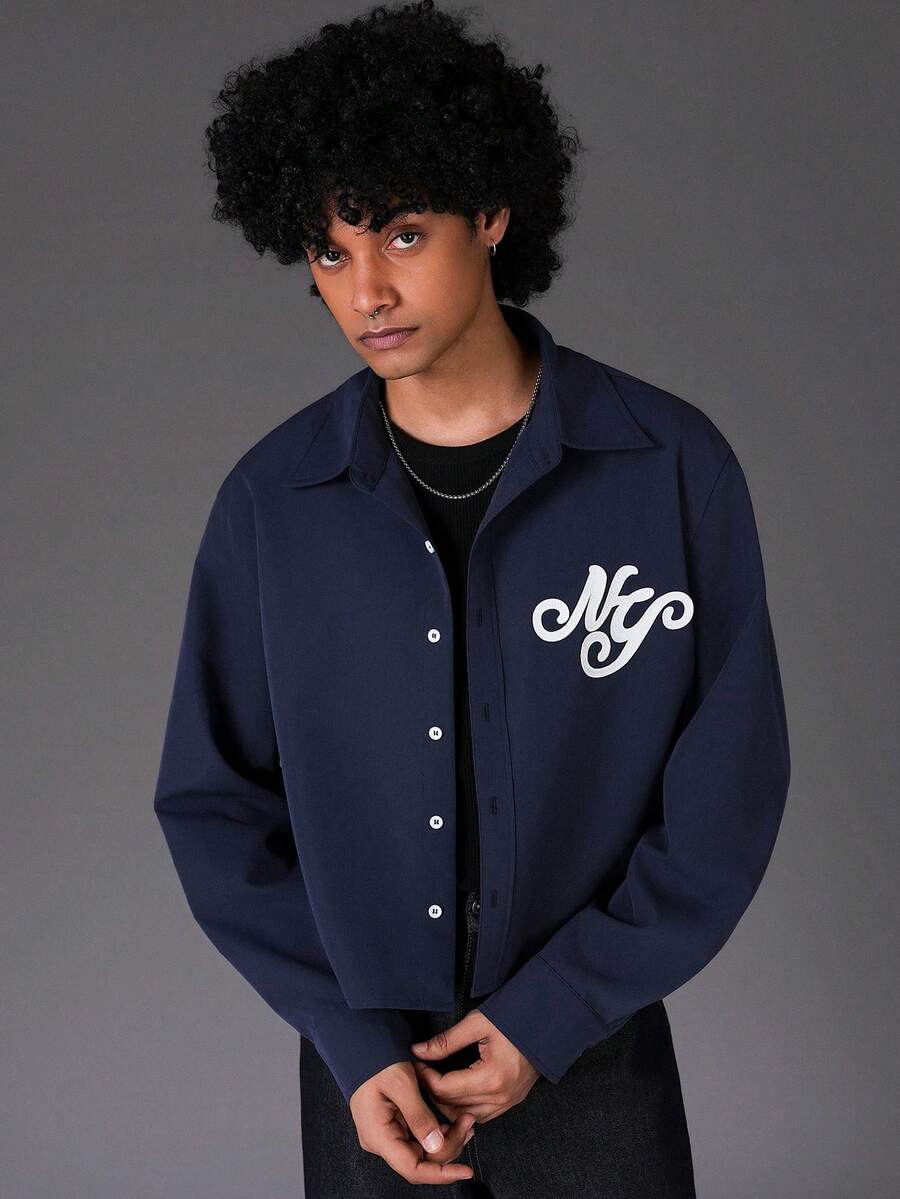 STYNVO 男士休闲字母印花短袖衬衫，秋季男士纽扣衬衫，男士短款纽扣衬衫，男士海军蓝字母图案衬衫 - 藏蓝色 - 查看 1