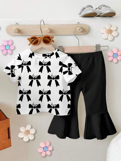 SHEIN Playful Pals 1 Set Baby Girls' Casual Fashion Cute Bow Print Round Neck Short Sleeve T-Shirt And Flare Pants Outfit, Black