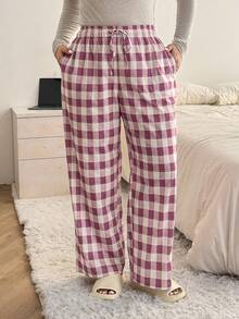 Dazy Plus Fashionable Plaid Elastic Waist Drawstring Loose Wide Leg Pajama Bottoms - Red and White - View 4