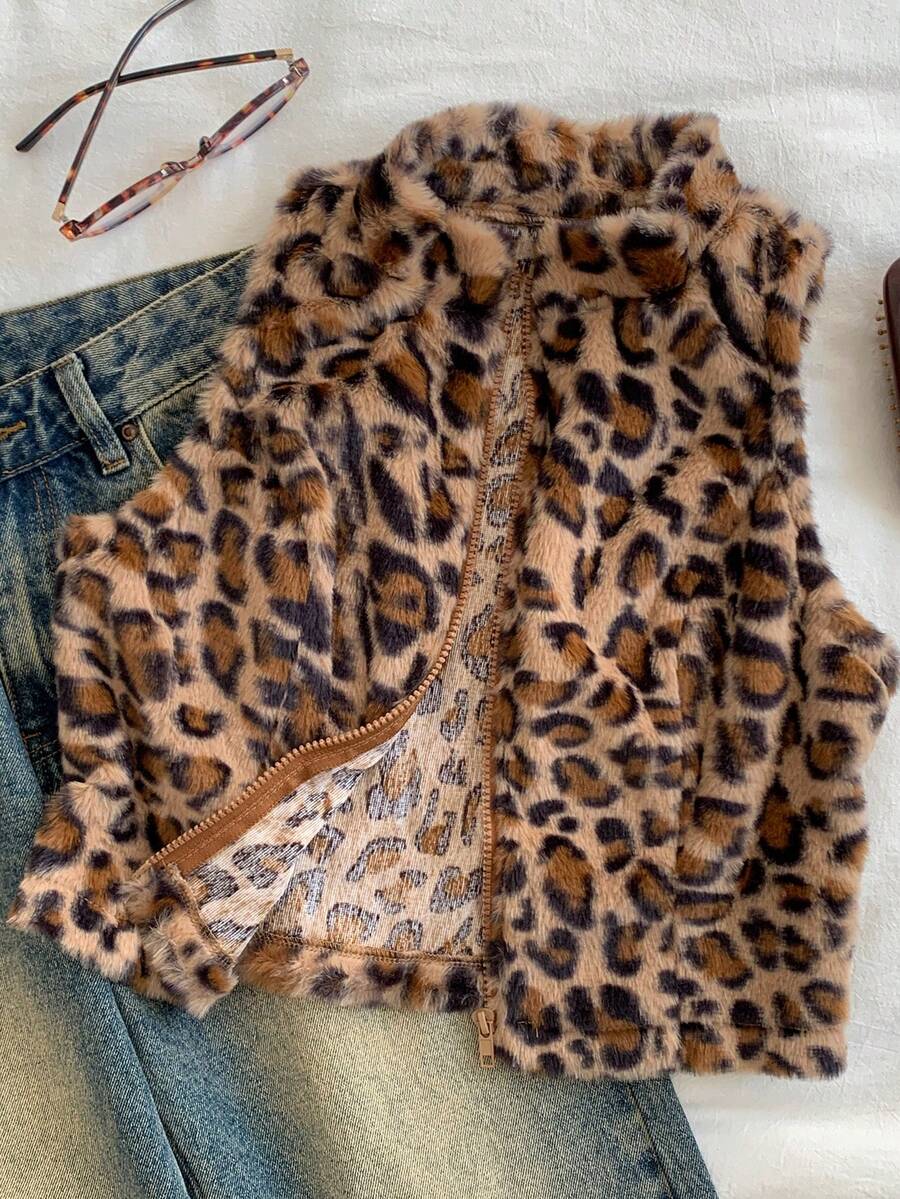 SHEIN EZwear 女士休闲豹纹无袖蓬松短款夹克，适合秋冬季 - 棕色 - 查看 1