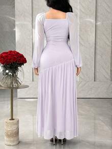 Feyla فستان أنيق للنساء بياقة مربعة وأكمام فانوس وخصر مزين بمعدن ذو لون أحادي - ارجواني فاتح - مشاهدة 2