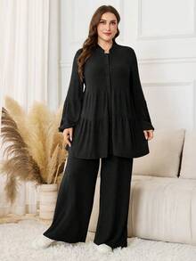 Lacomfia Bộ 2 món áo dài tay trơn màu tối giản cho nữ cỡ lớn và quần dài - màu đen - Xem 1