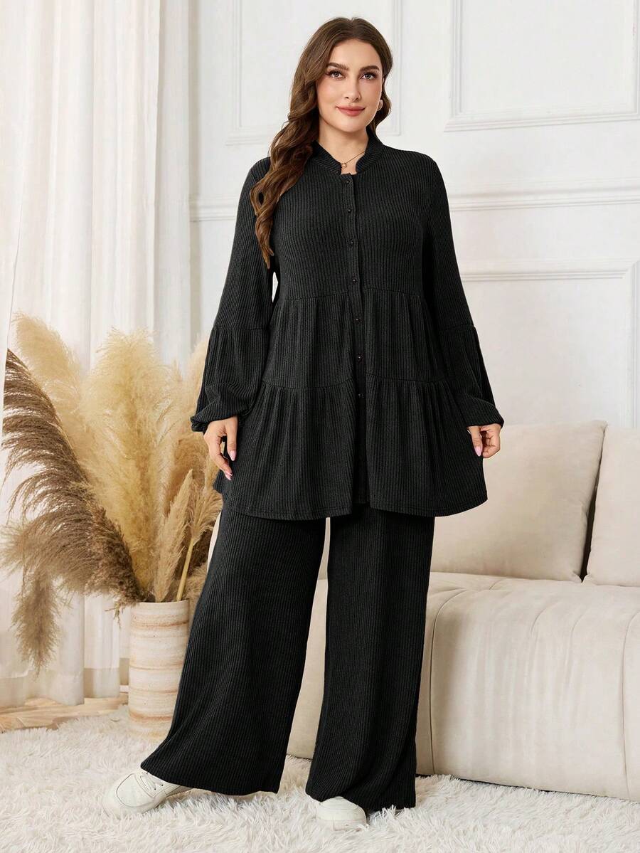 Lacomfia Bộ 2 món áo dài tay trơn màu tối giản cho nữ cỡ lớn và quần dài - màu đen - Xem 1