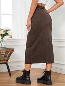 SHEIN Essnce 休闲侧开衩牛仔裙 - 咖啡棕 - 查看 2
