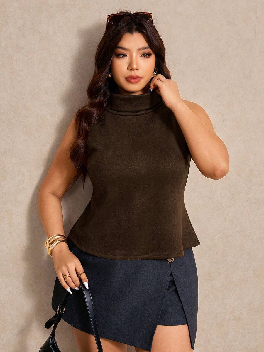 Elaquor Top sans manches col montant couleur unie grande taille, convient pour le travail. Top sans manches pour femmes en saison printanière - Marron - Voir 1