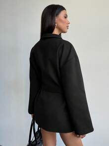 Aloruh Áo khoác len dài tay dáng quấn chéo màu trơn thời trang và đa năng - màu đen - Xem 2