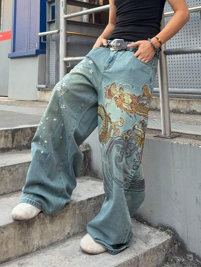 Jeans ampi da uomo con ricamo floreale e motivo del drago