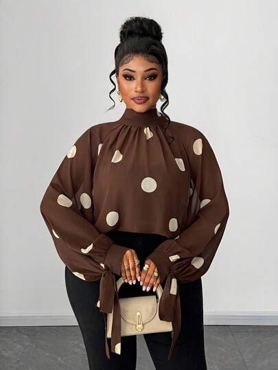 Maweii Plus Size Elegant Sheer Polka Dot Mock Neck Loose Cuff Bow Tie Cuff Long Sleeve Blouse Polka Dot Top Brown Blouses Coffee Brown Top Chocolate Brown Polka Dot Top Brown Long Sleeve Top Chocolate Brown Top