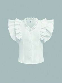 SHEIN Tween Girl Ruffled Layered Cap Sleeve Blouse, Elegant Luxurious White Blouse, Princess Style Suitable For Wedding Season - White - View 5