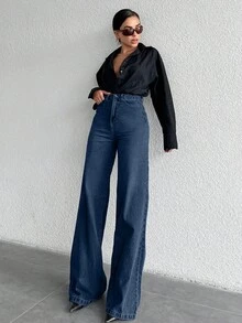 SHEIN 100%Cotton High Waist Wide Leg Jeans TALL - Dark Wash - View 5