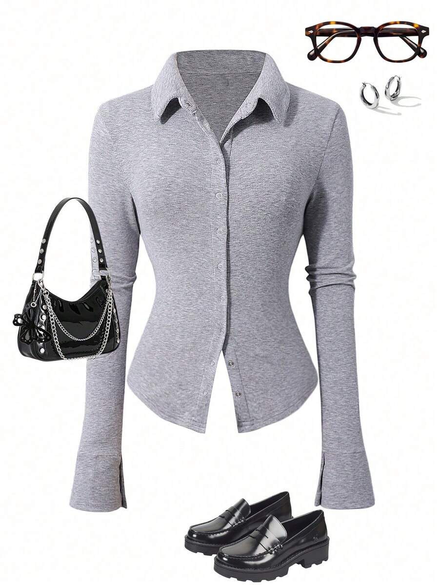 ChillGRL Aralina Tween Girls Elastic Knit Shirt, Suitable For Students, College Style Long Sleeve T-Shirt, Autumn/Winter - Blue - View 1