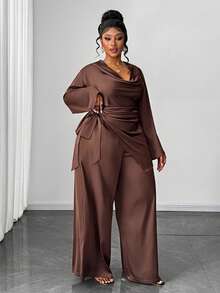 Maweii Bộ 2 món áo sơ mi và quần dài màu trơn thanh lịch cỡ lớn đi làm - màu nâu - Xem 5