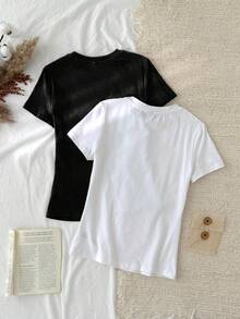 Tseoso 2 件黑白短袖 T 恤套装，休闲简约，适合秋冬季，95% 纯棉，夏季百搭，复古，可爱，柔美，适合夏季外出、居家、返校、秋季女装 - 黑與白 - 查看 2