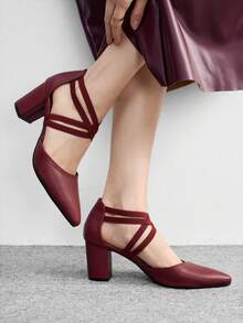 CUCCOO BIZCHIC 女士时尚酒红色弹力踝带尖头粗跟高跟鞋，适合通勤、约会、派对、婚礼、假日等场合。 - 酒紅色 - 查看 5