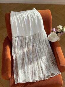 Comfortcana 女士弹性腰部蕾丝拼接白色长款优雅 A 字裙 - 白色 - 查看 3