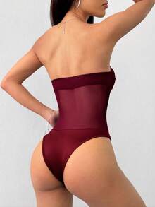 SHEIN EZwear 女士酒红色网纱拼接无袖连体衣，性感修身款