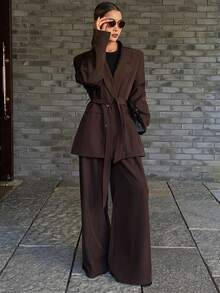 DAZY Bộ 2 món áo khoác blazer và quần ống đứng kèm thắt lưng rộng rãi cho nữ, thường ngày - Cà phê nâu - Xem 2