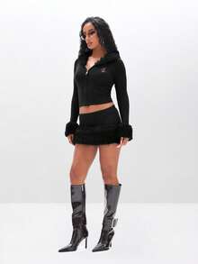 BABYPHAT Knit Cardigan With Luxurious Fur Trim Hood And Cuffs Ribbed Zip Up Fall Winter Cropped Sweater - Black - View 5