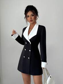 SHEIN PETITE 极简主义高端黑白撞色编织长袖开襟双排扣短款连衣裙，适合正式晚宴、朋友聚会和晚间约会。 - 黑與白 - 查看 3