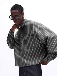 SUMWON Elliot 修身方正衬衫 长袖细条纹竖条纹正装衬衫 翻领休闲工作办公商务职业纯色 - 灰色 - 查看 1