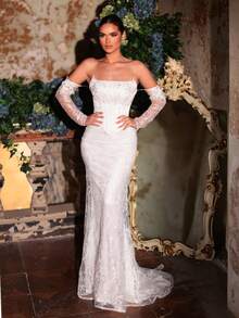Glamrae Elegant And Glamorous, White, Sequined Embroidery, Luxurious Satin, Sailboat Neckline, Long Sleeves, Faux Two-Piece Design, Mermaid Skirt, Train. Suitable For Weddings, Bridal Gowns, Heavily Embellished Wedding Dresses.,Wedding Party Dress - White - View 7