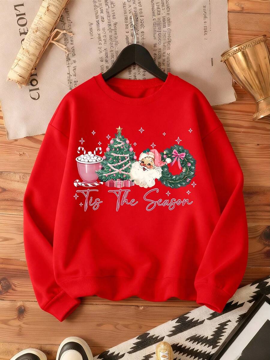 EMERY ROSE Plus Size Christmas Sweatshirt, Casual Plus Size Crew Neck Sweatshirt, Holiday Vibe, Autumn/Winter Plus Size Women - Red - View 1