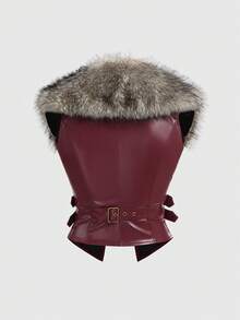 ROMWE J-Fashion Y2K秋冬季可拆卸人造毛领女式PU皮夹克 - 酒紅色 - 查看 2