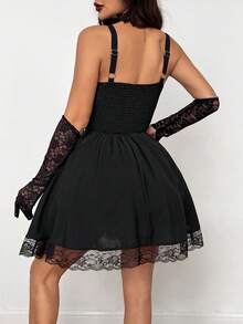 Coolane Women's Fall/Winter All-Season Y2K Goth Chic Rave Outfit Lace Stretchy Comfortable Halloween Outfits Bow Contrast Lace Black Mini Dress - Black - View 2