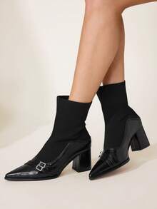 CUCCOO CHICEST Women's Pointed Toe Buckle Design Fashion Daily Wear High Heel Mid-Calf Boots - Black - View 7