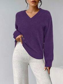 Firerie Women's Purple V Neck Drop Shoulder Sweater Casual Plain Rib-Knit Pullover Knitwear - Purple - View 7