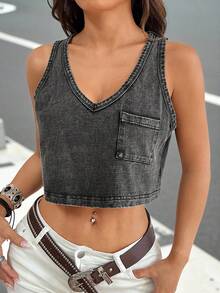 SHEIN EZwear Ladies' Short Knit Sweater Tank Top With Pocket - Black - View 4