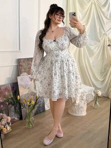 CovetEZ 大码女式碎花蝴蝶结装饰喇叭袖时尚连衣裙 - 淺藍色 - 查看 7