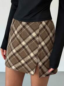Aloruh Plaid High Waist Asymmetrical Split Casual Skirt For Women - Mocha Brown - View 6