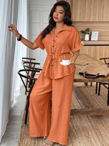 Weeklong Plus Size Vacation Casual Solid Color Drawstring Waist Shirt And Pants 2 Pieces Set - Orange - View 3