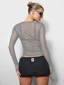 SUMWON WOMEN Long Sleeve Sheer Mesh Overlay Top With Fitted Silhouette For Casual Layering And Spring Summer Fashion - Light Grey - View 2
