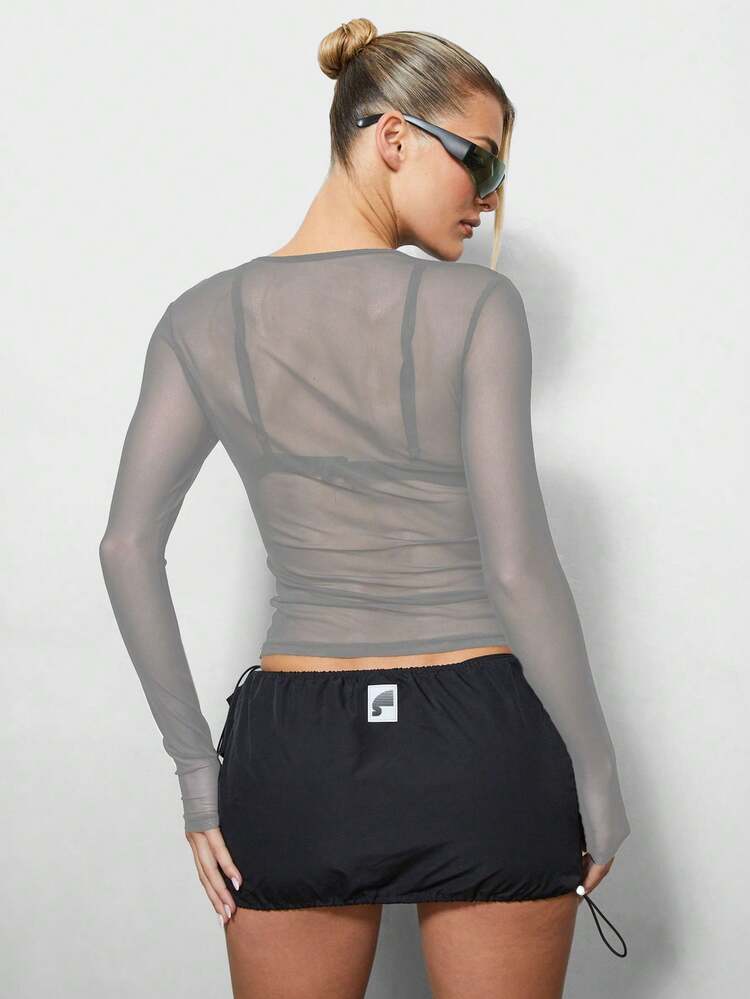 SUMWON Long Sleeve Sheer Mesh Overlay Top With Fitted Silhouette For Casual Layering And Spring Summer Fashion