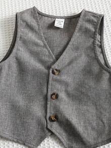 SHEIN 3件套男婴幼儿可爱植物图案短袖衬衫、针织背心和短裤套装，绅士装扮，适合休闲外出、室内活动、生日派对、婚礼、迎婴派对、春夏穿着。 - 灰色 - 查看 8