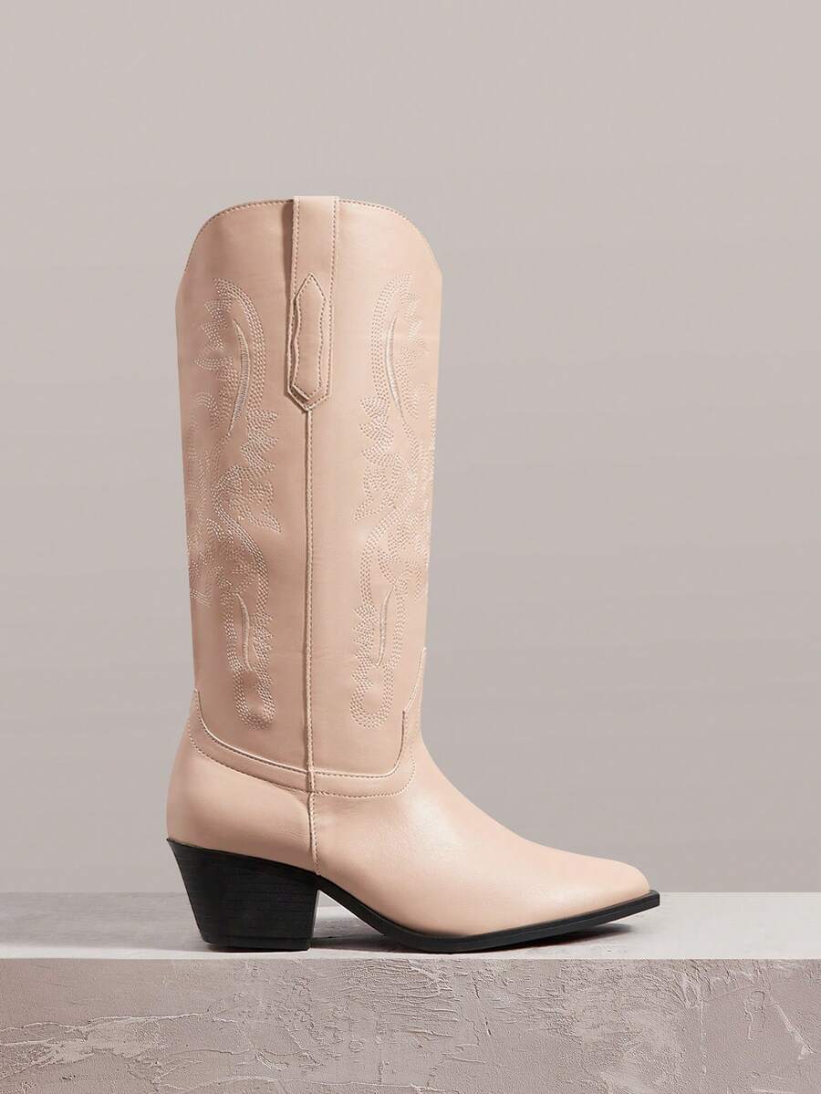 Styleloop 女性西部風格時尚刺繡靴，女士牛仔靴 - 杏色 - 查看 1