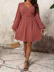 EMERY ROSE Plus Size Women V-Neck Ruched Waist Puff Sleeve Mini Dress - Redwood - View 6