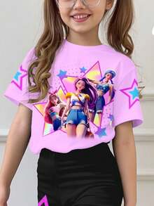 2pcs/Set Tween Girls Casual Loose Fit Cartoon Girl Graphic Tee And Flare Pants, Suitable For Spring/Summer Daily Wear And Outings - Multicolor - View 5