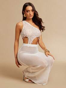 Silquee Women's White Crochet Dress,Pearl Tassel Summer Beach Cover-Up,Casual Holiday Party Vacation Cutout Asymmetrical One-Shoulder Sleeveless Gown - White - View 3