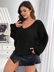 SHEIN Essnce Plus Size Women's Fall Fashionable Casual Elegant Commuting Warm V-Neck Sweater - Black - View 5