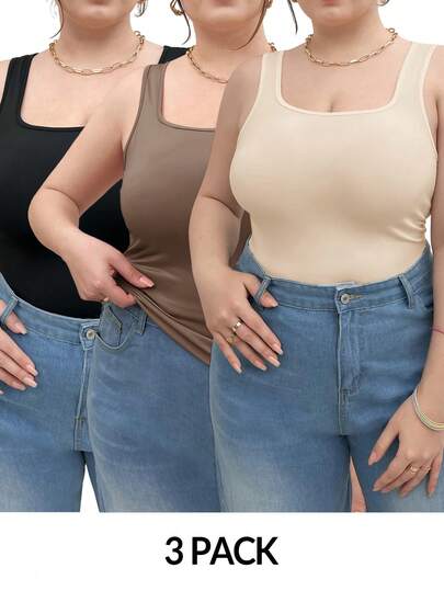 SHEIN Essnce 3 piezas Camisetas de tirantes de talla grande todo a juego, ropa exterior versátil y ajustada, primavera/verano