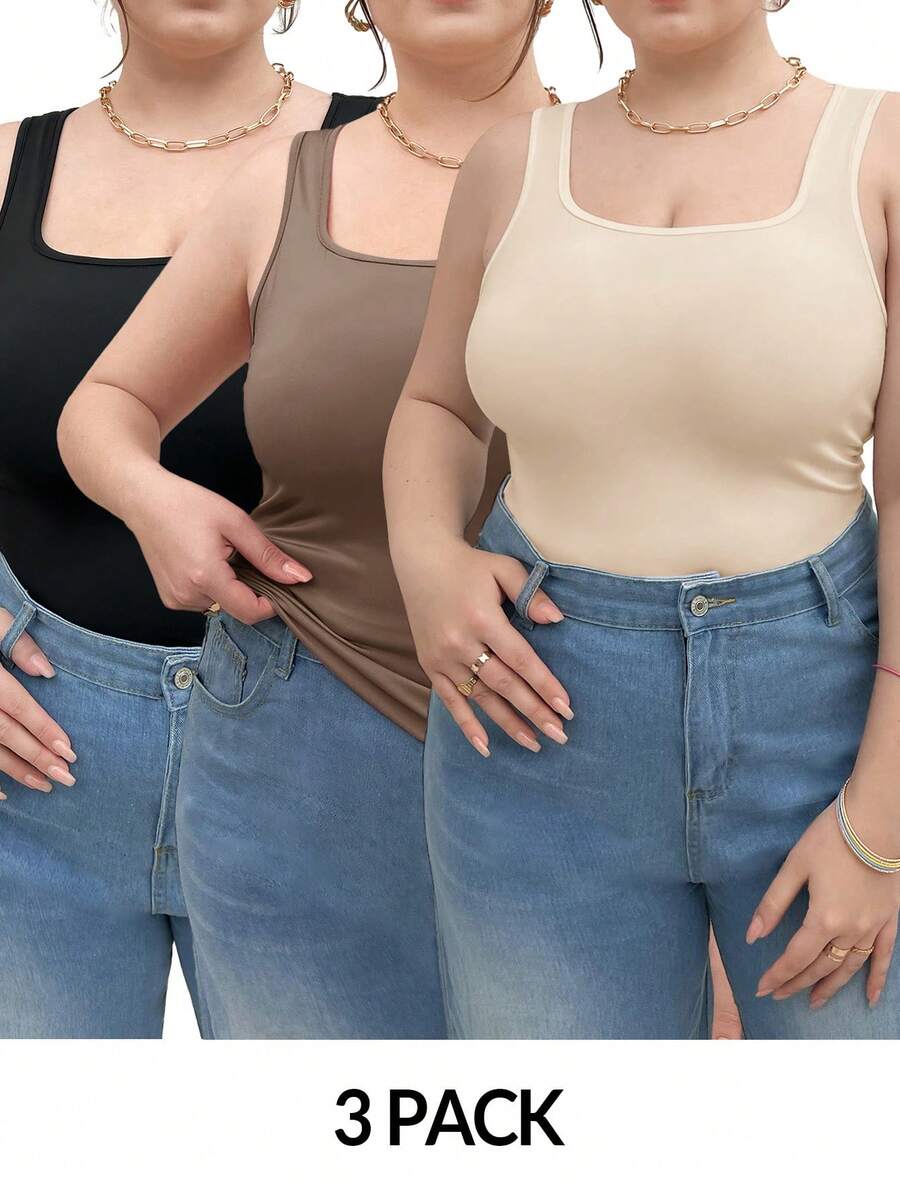SHEIN Essnce 3pcs Plus Size All-Match Camisole Tank Tops, Slim Fit Versatile Outerwear, Spring/Summer - Multicolor - View 1